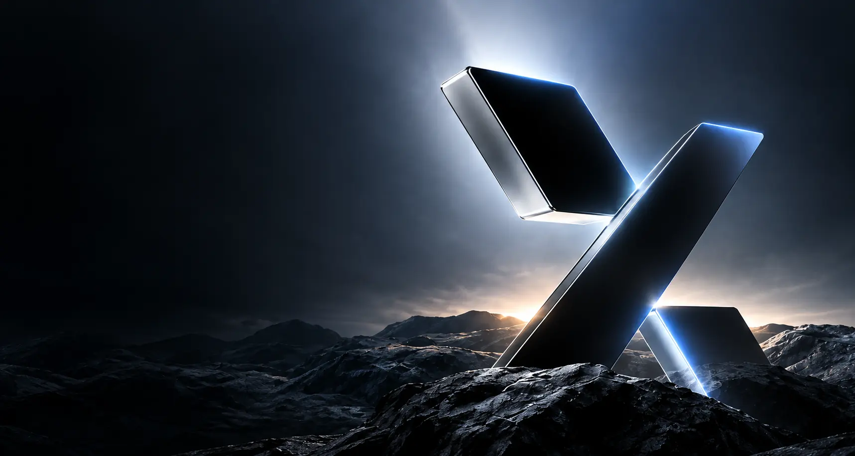 A monumental chrome DIVEX X standing on dark terrain, lit from behind